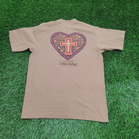 Vintage La-Vida Cross Heart Shirt Medium 20x27 Brown - Picture 1 of 16